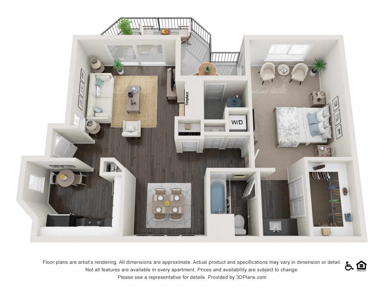 Floor plan for 1 bed, 1 bath, 860 sqft